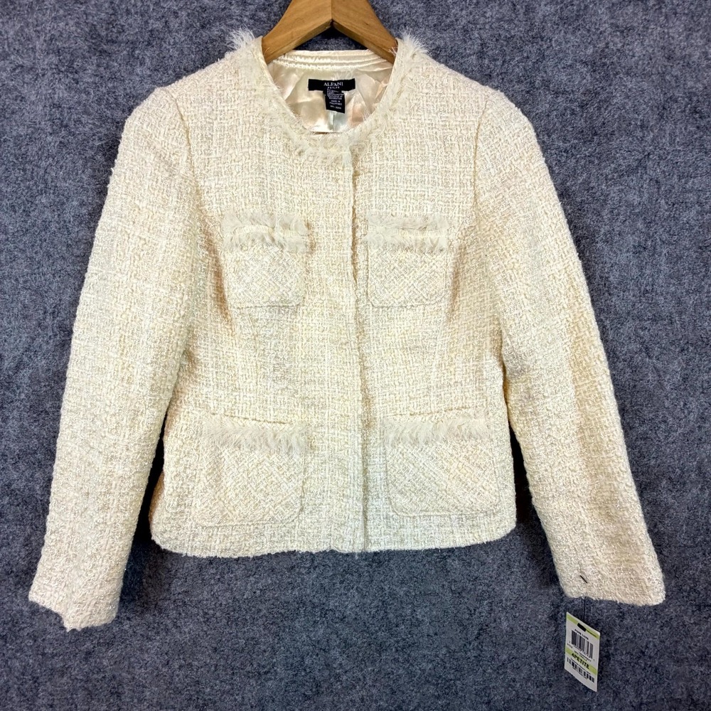 Alfani Tweed Jacket Women 4P Cream Gold Vanilla Metallic Long Sleeve Fringe Trim